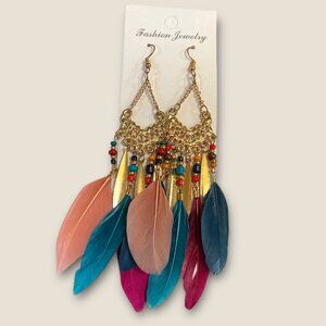 Boho Feather Dangle Earrings With Multicolor Beads & Gold Accents Lightweight &